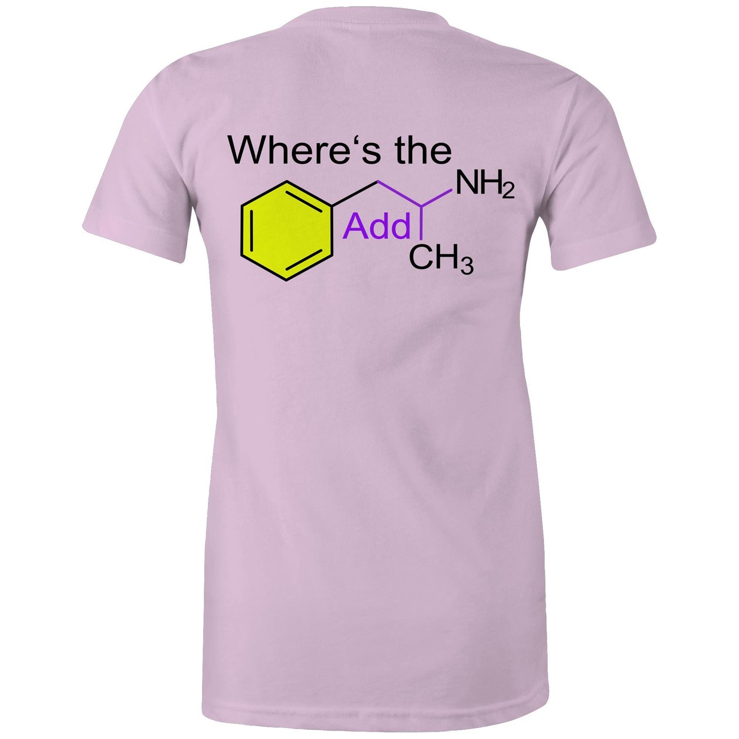 Back view lavender women's t-shirt showing a playful twist on chemistry with 'Where’s the Addy' integrated within a colourful molecular structure design.