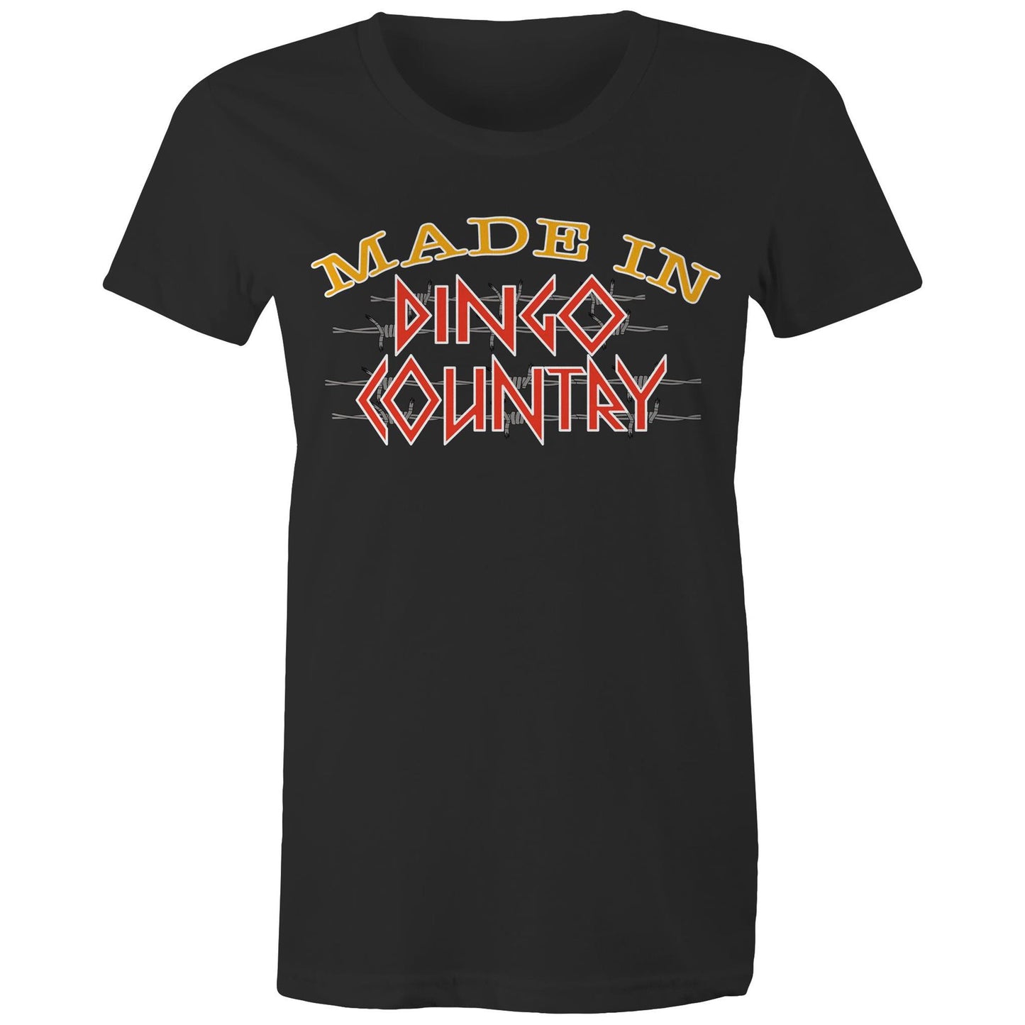 Women's black maple tee with a large 'Made in Dingo Country' logo on the front, available in 14 vibrant colors