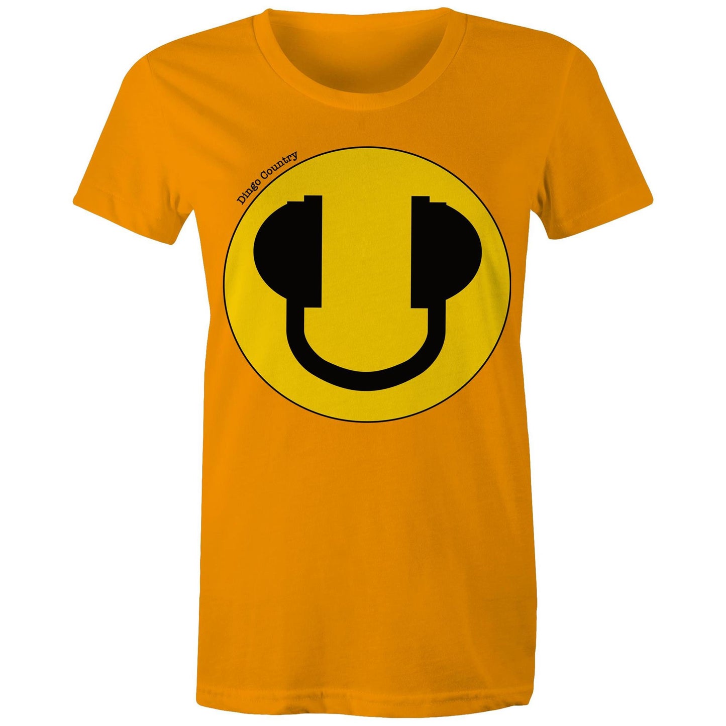 Women's Maple Tee in orange with a bold yellow smiley face and headphone design, expressing a fun-loving music vibe, available at Dingo Country.