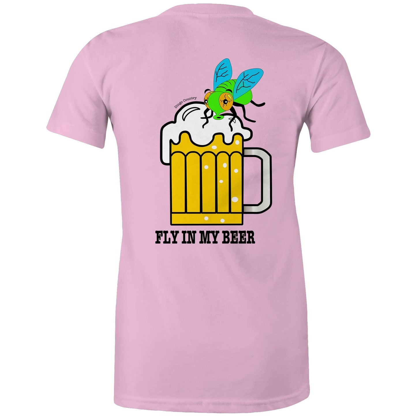 Back view of the pink 'Fly in My Beer' T-shirt featuring a humorous print with a cartoon fly in a frothy beer mug and the playful text below