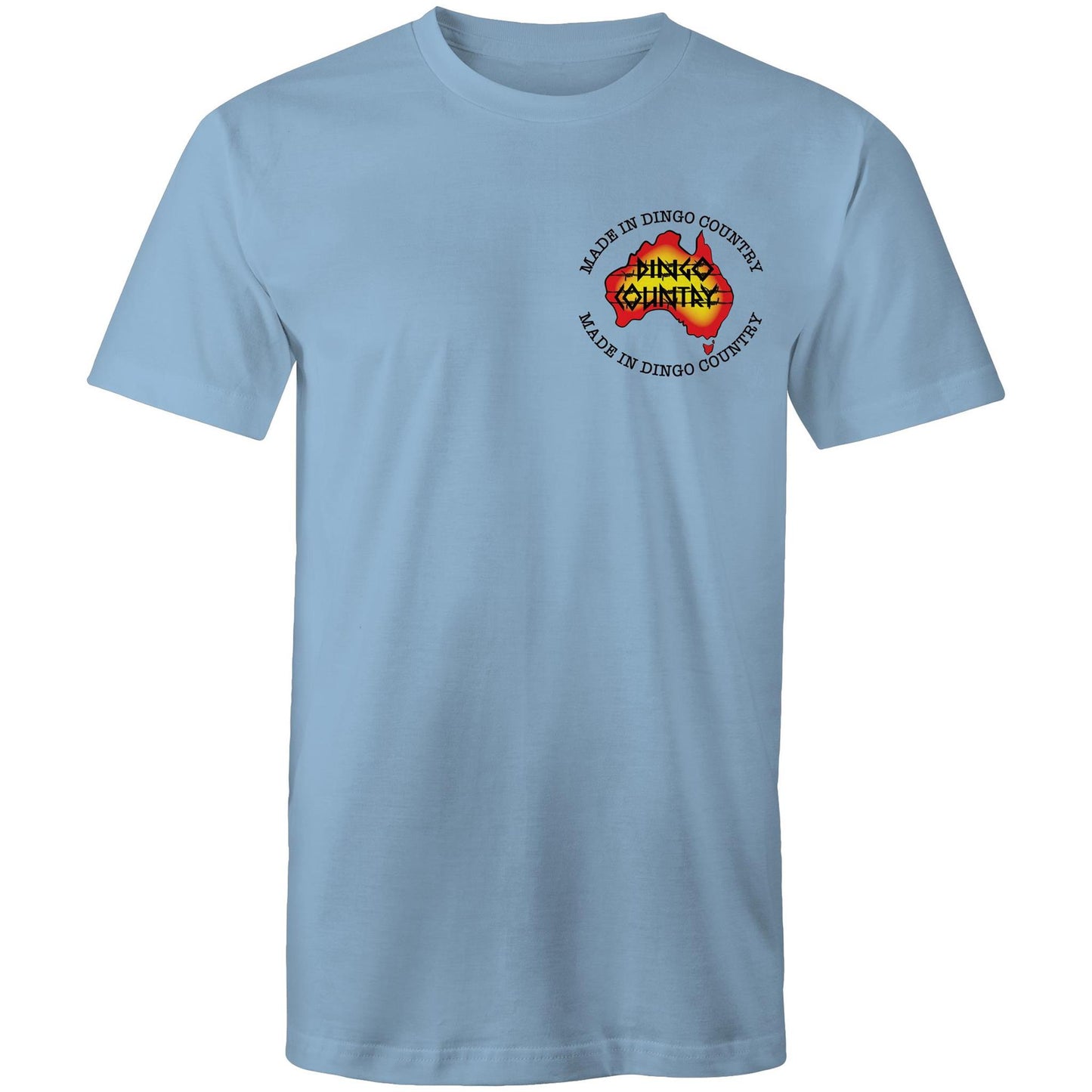 Front view of 'Fly in My Beer' Men's T-Shirt by Dingo Country – plain Carolina blue tee with the colourful logo reading 'Made in Dingo Country'