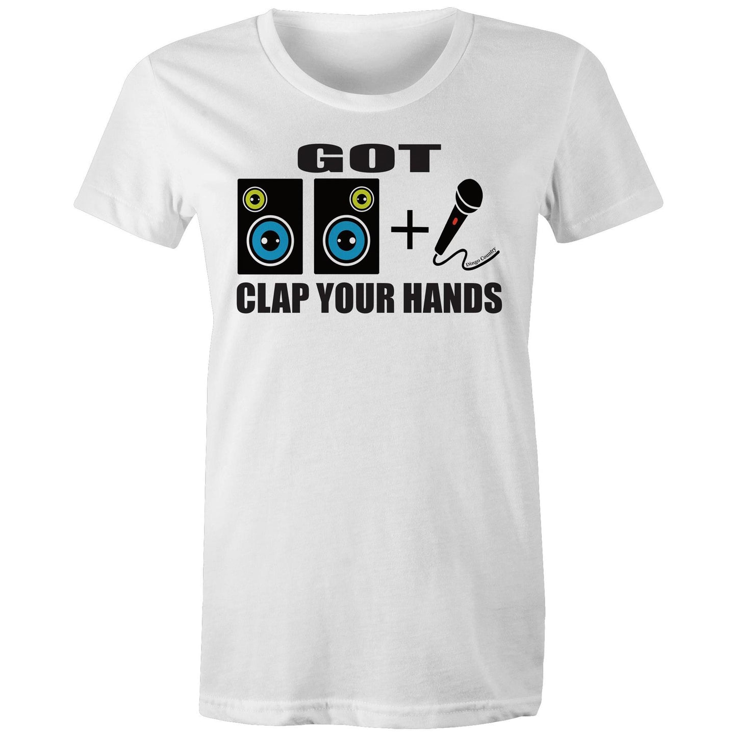 Women's white maple tee with 'GOT two speakers icon + Mic' icon and 'CLAP YOUR HANDS' text on the front, reflecting Beck's song lyrics