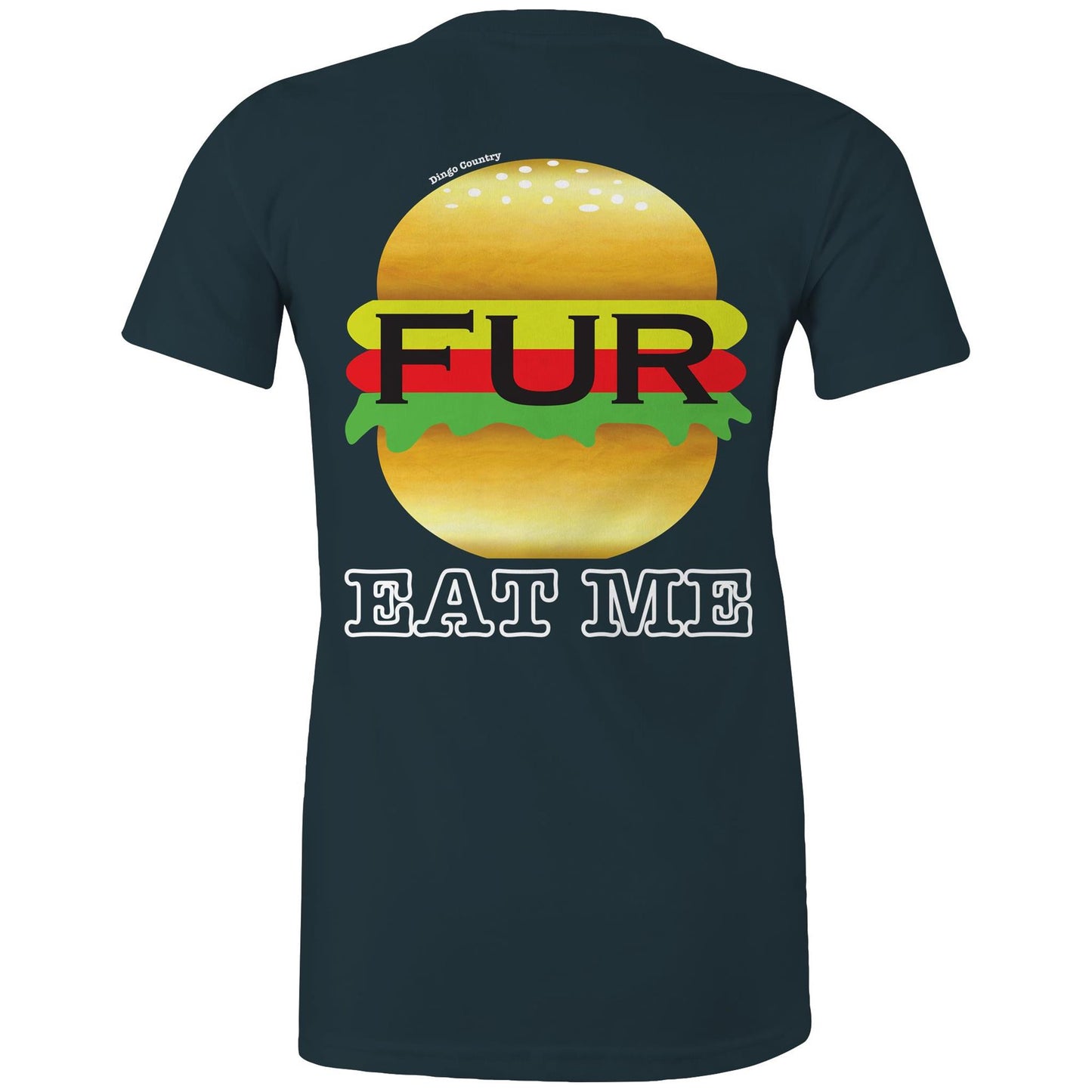 Rear view of Dingo Country's indigo Maple Tee, with the playful 'FUR BURGER EAT ME' burger graphic.