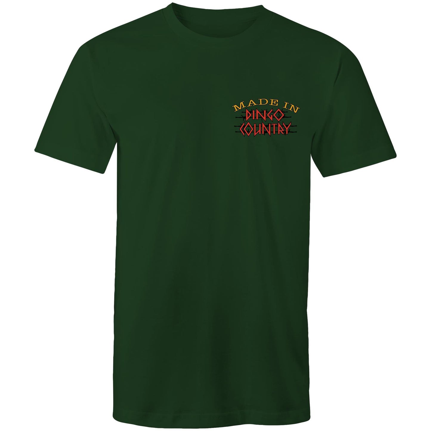 Forrest green T-shirt with a small 'Made in Dingo Country' logo on the chest, symbolizing Australian heritage with a minimalist front design.