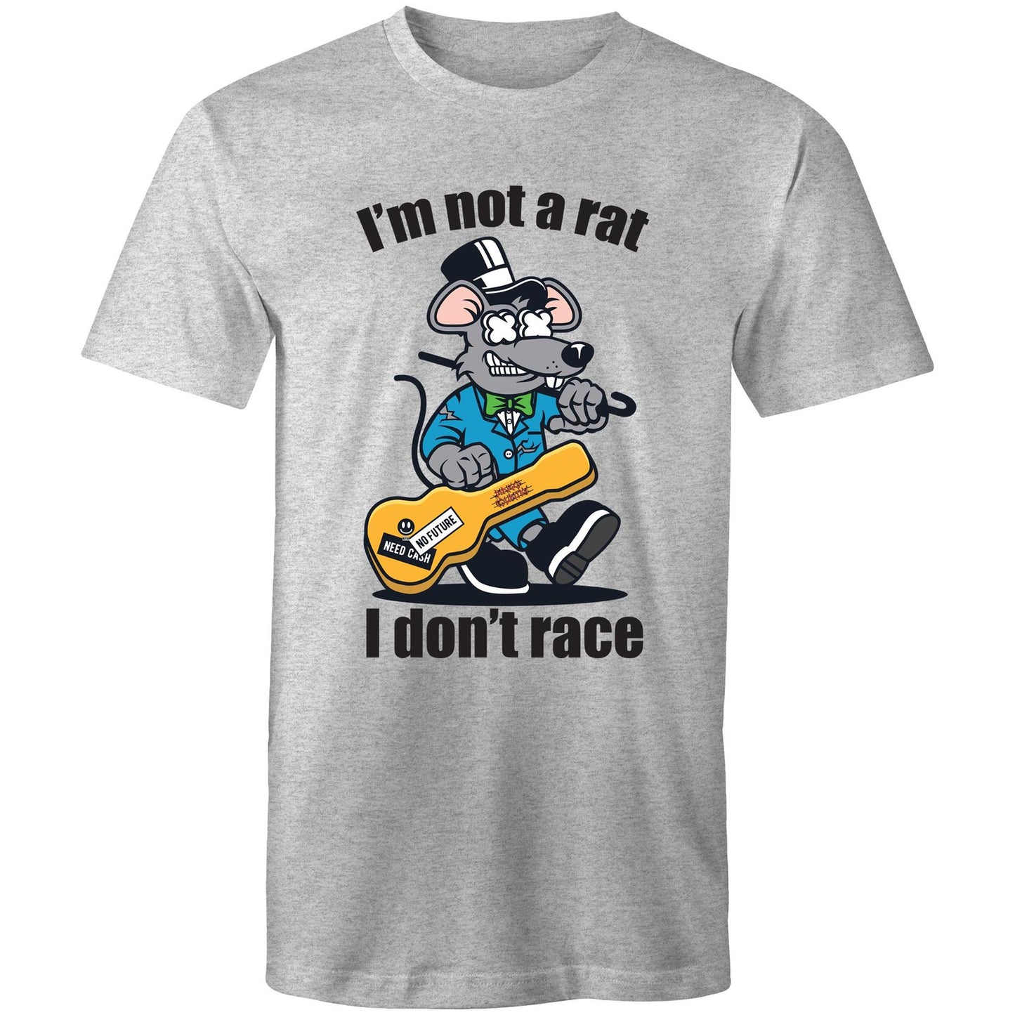 Men's grey t-shirt with a cartoon rat playing guitar and 'I'm Not a Rat, I Don't Race' text - part of Dingo Country's Art & Humour Collection.