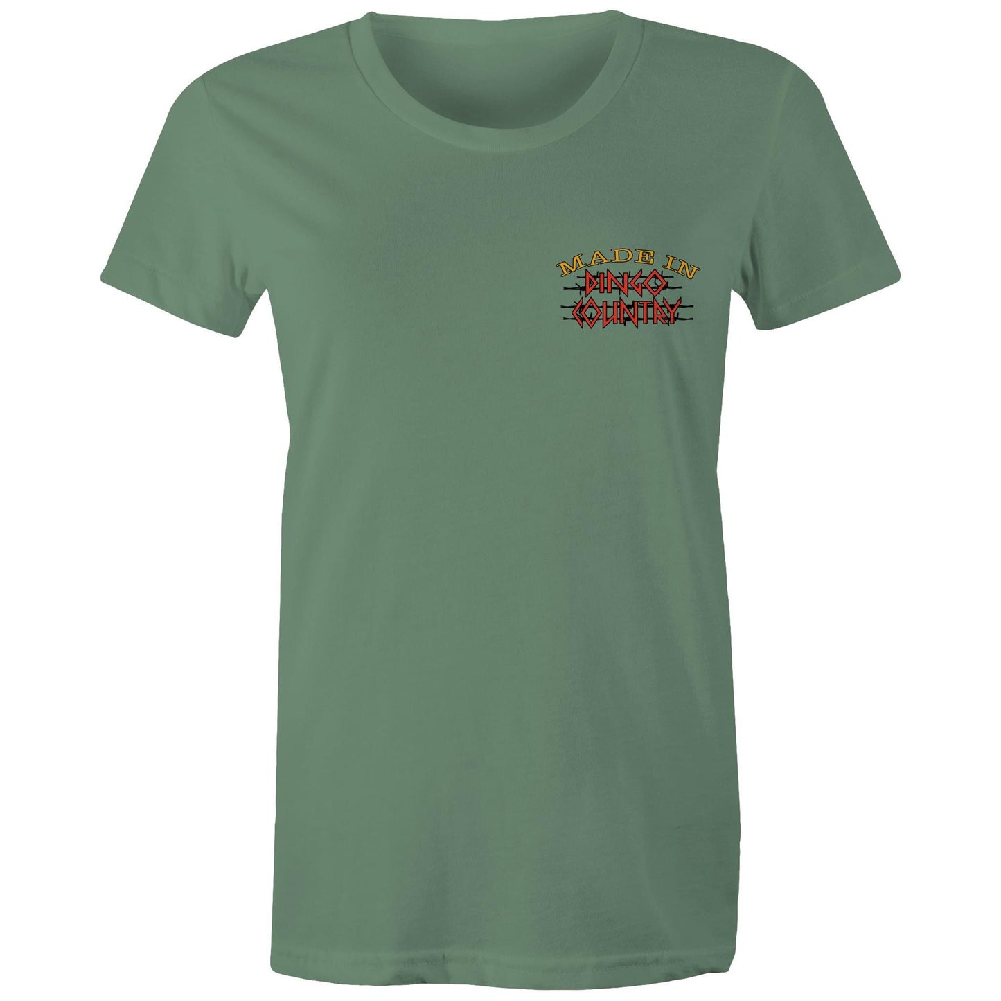 Made in Dingo Country" logo on a plain sage women's maple tee - front view.