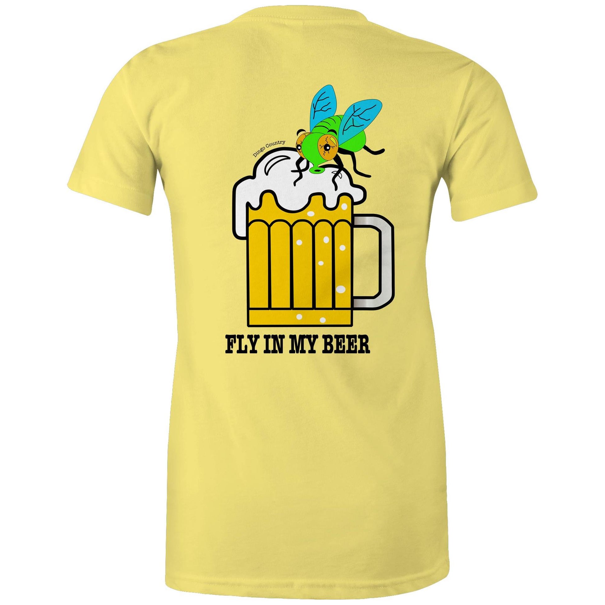 Back view of the yellow 'Fly in My Beer' T-shirt featuring a humorous print with a cartoon fly in a frothy beer mug and the playful text below