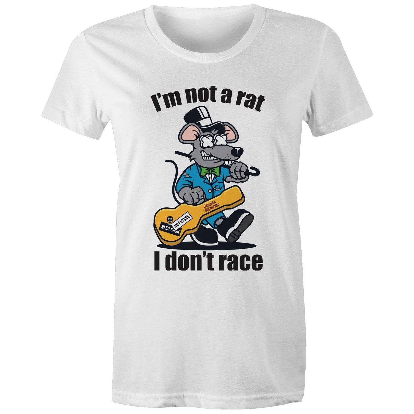 Front view of a woman's white maple tee with a graphic of a guitar-playing rat and the words 'I'm Not a Rat, I Don't Race', exemplifying a fun and laid-back style