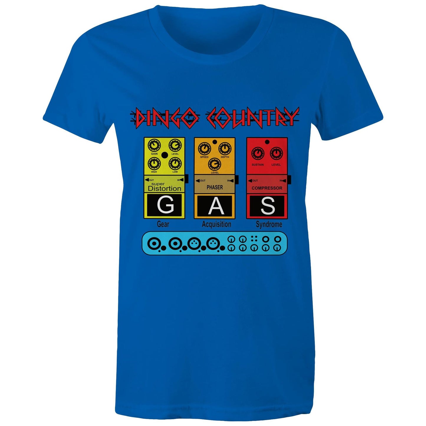 Close-up of the GAS Effect Pedal Women's T-Shirt bright royal by Dingo Country, celebrating music gear culture