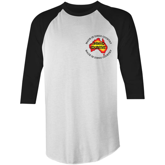 Unisex raglan t-shirt with 3/4 black sleeves and Dingo Country Australia map logo on a light white torso, combining style and patriotism