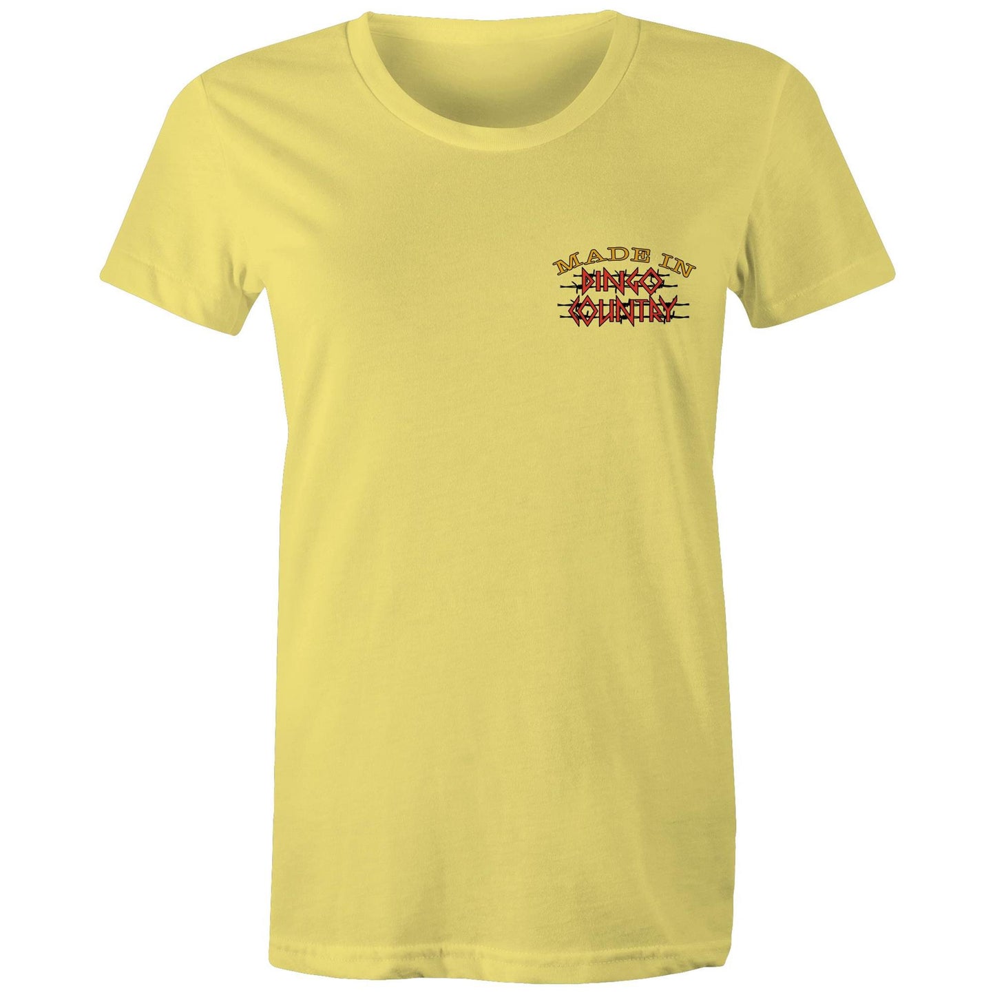 Made in Dingo Country" logo on a plain yellow women's maple tee - front view.