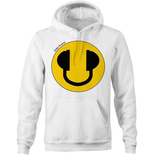 White hoodie featuring a large yellow smiley face with headphone accents, embodying a fun and music-filled lifestyle, from Dingo Country.