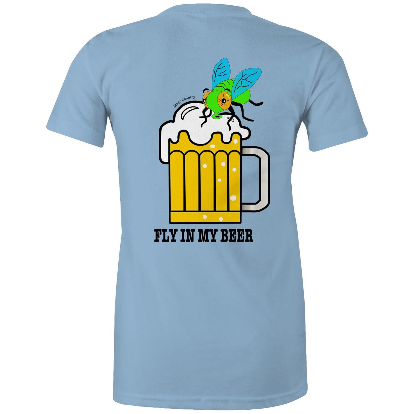 Back view of the Carolina blue 'Fly in My Beer' T-shirt featuring a humorous print with a cartoon fly in a frothy beer mug and the playful text below