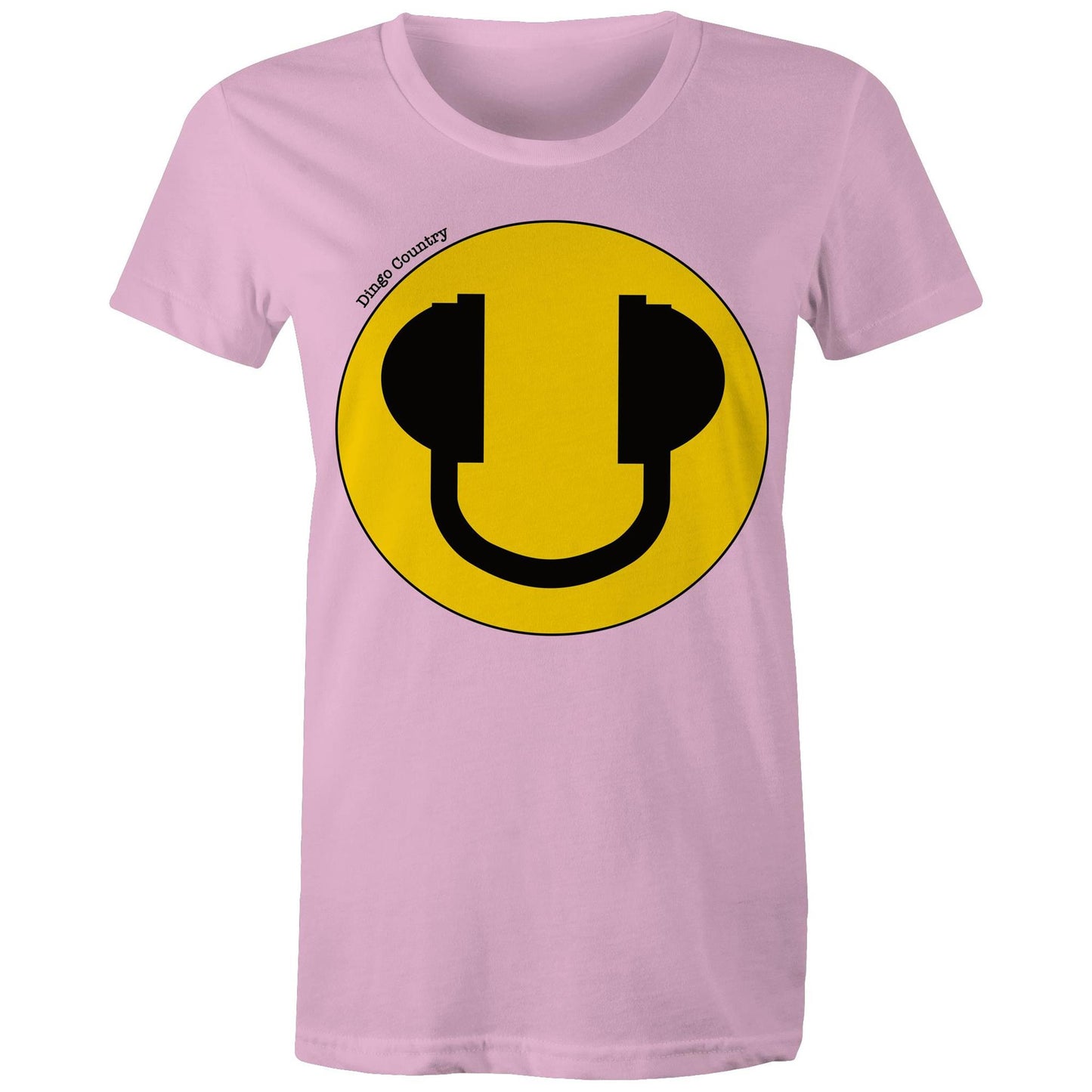 Women's Maple Tee in pink with a bold yellow smiley face and headphone design, expressing a fun-loving music vibe, available at Dingo Country.