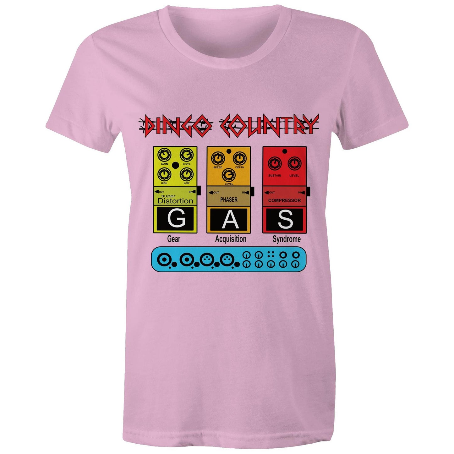 Close-up of the GAS Effect Pedal Women's T-Shirt pink by Dingo Country, celebrating music gear culture