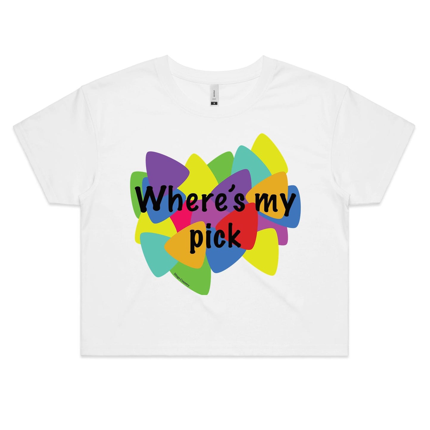 Casual yet fashionable, the "Where's My Pick" women's white crop tee with a vivid multicolored guitar pick graphic and the catchy phrase "Where's my pick" on the front, radiating a fun and artsy vibe for the music enthusiast.