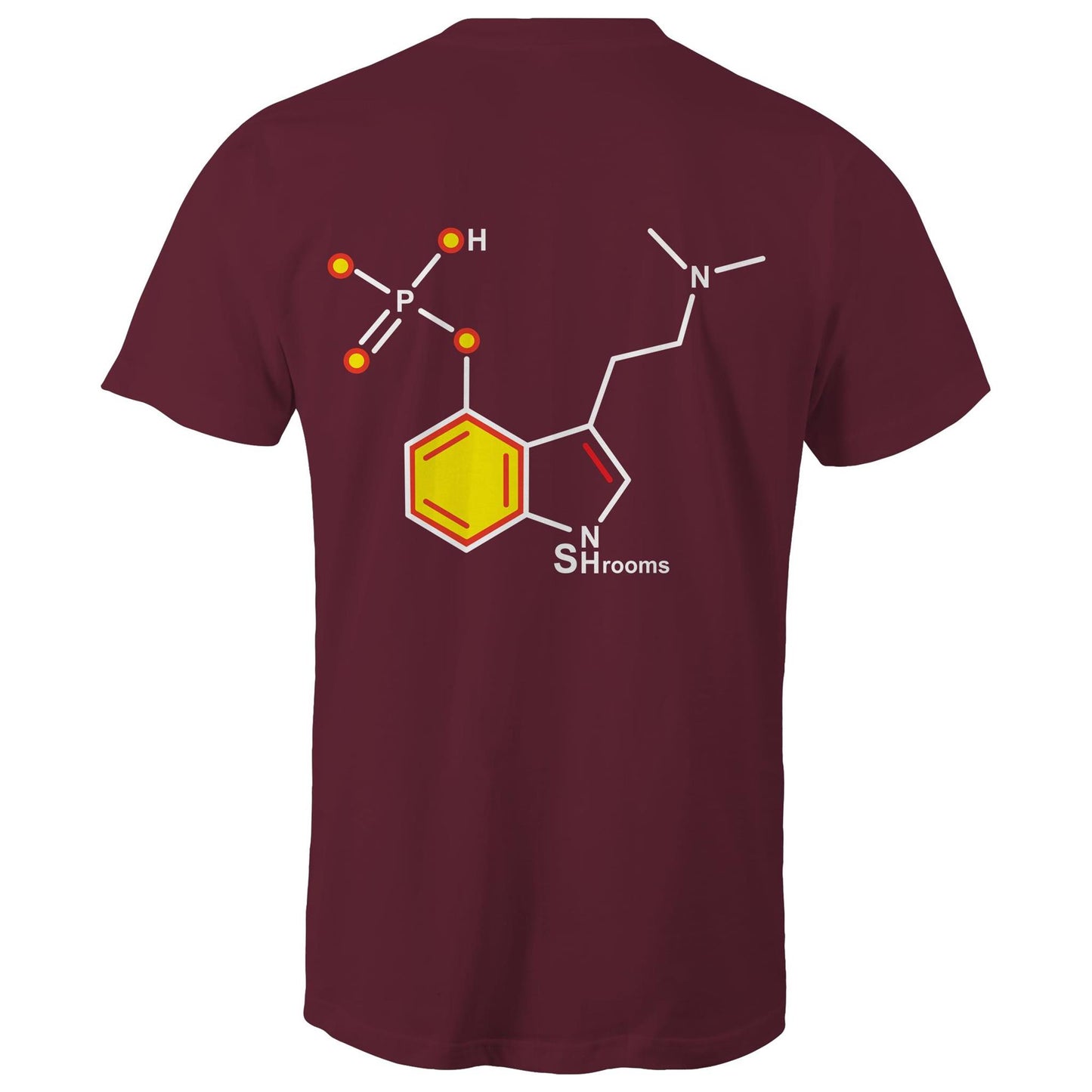 Back of the men's burgundy T-shirt showcasing the Psilocybin molecule, combining scientific appeal with a sharp, modern design.