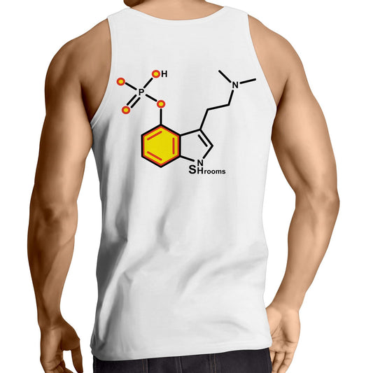 Back view of a men's white singlet displaying a colourful chemical structure of psilocybin, labeled 'Shrooms', representing a playful nod to psychedelic science.