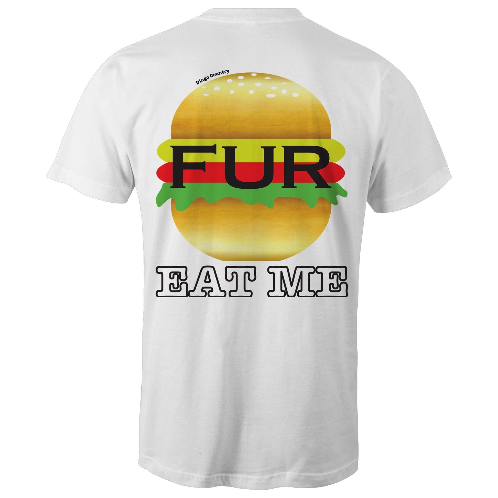 Back of white t-shirt displaying a humorous 'EAT ME' text with a stylized Fur burger graphic, blending Australian slang with playful design