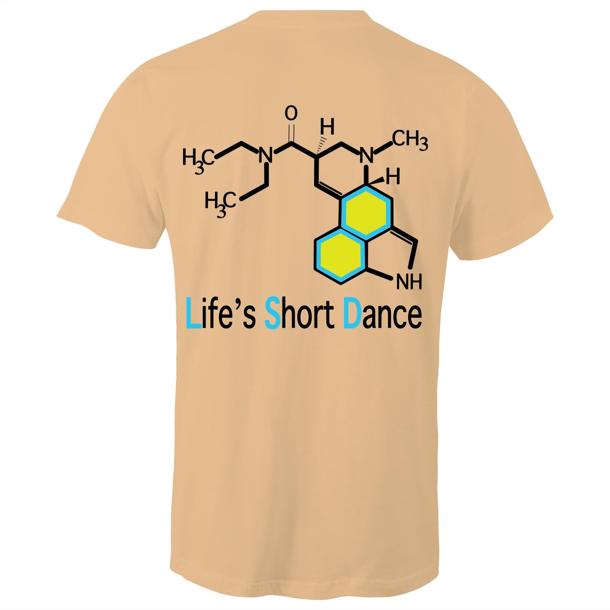 Back view of 'Life’s Short Dance' Men's Tan T-Shirt featuring an intricate chemical molecule design in black and blue, with the phrase 'Life’s Short Dance' in stylized blue font