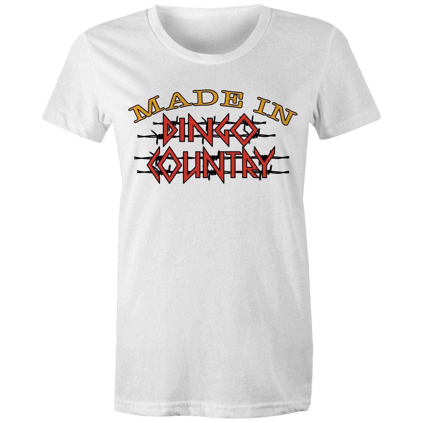 Women's white maple tee with a large 'Made in Dingo Country' logo on the front, available in 14 vibrant colors