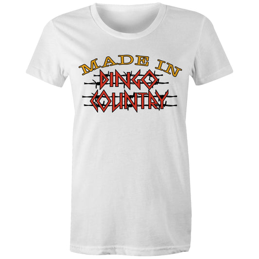 Women's white maple tee with a large 'Made in Dingo Country' logo on the front, available in 14 vibrant colors