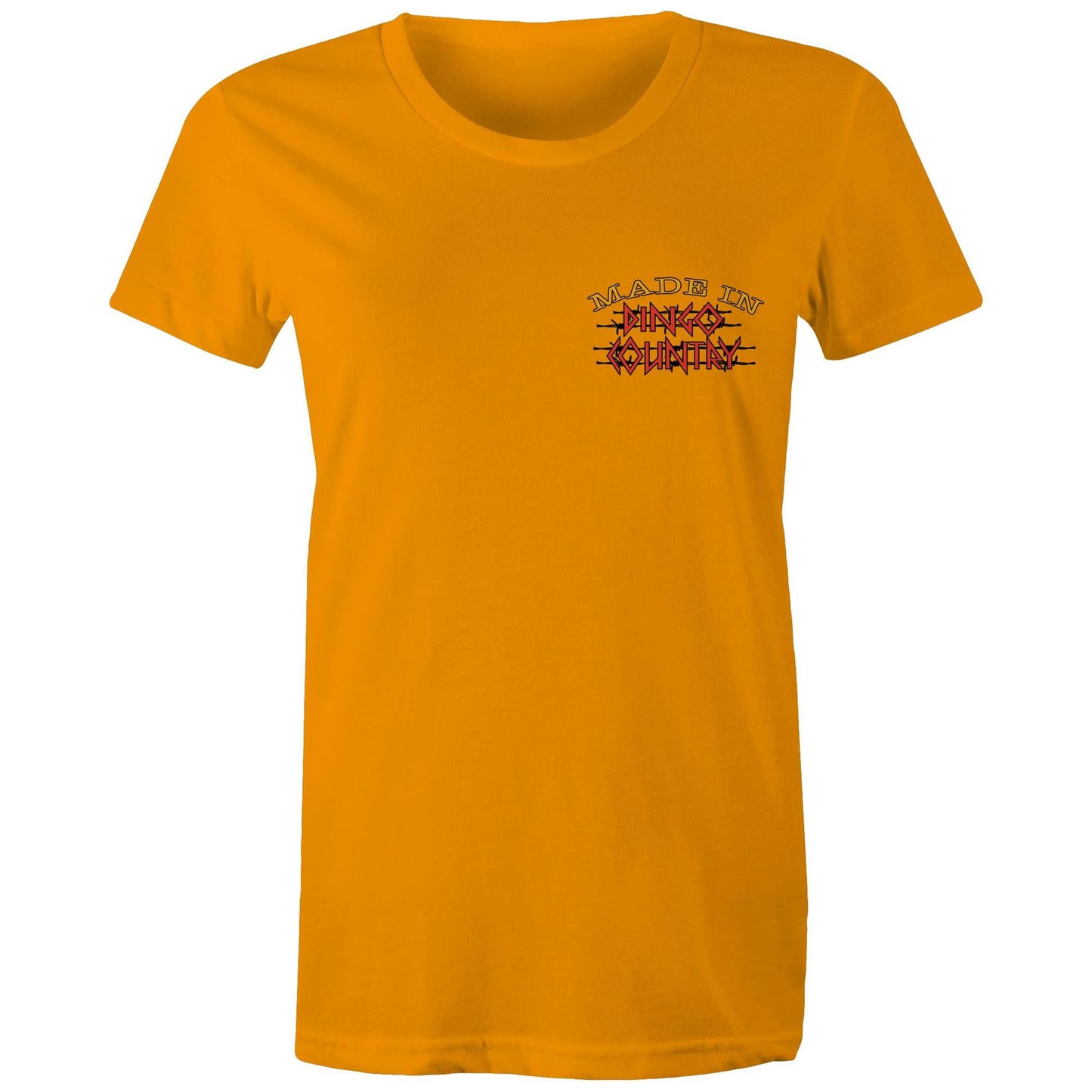 Front view of Dingo Country's orange Maple Tee, featuring the iconic 'Made in Dingo Country' logo.