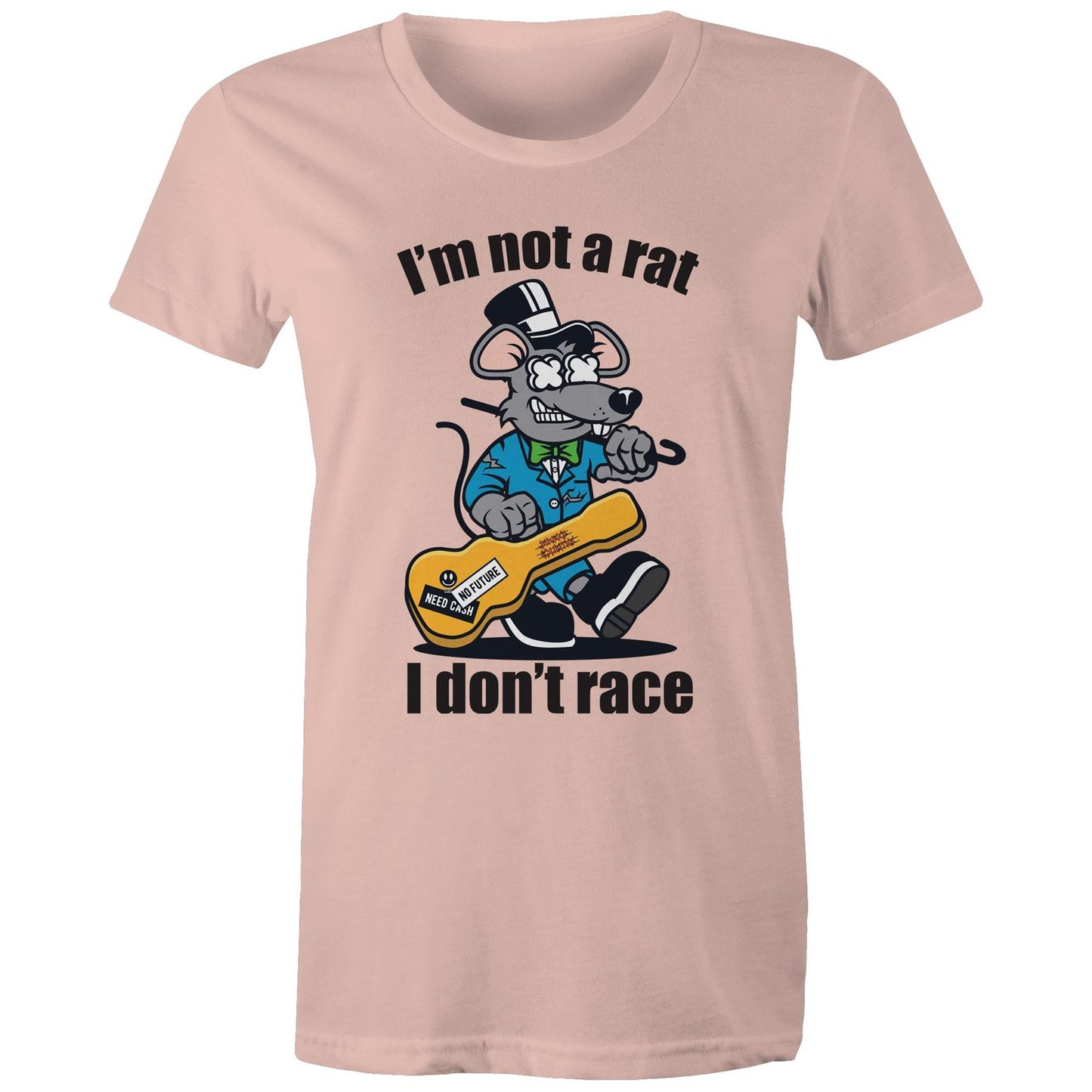 Front view of a woman's pale pink maple tee with a graphic of a guitar-playing rat and the words 'I'm Not a Rat, I Don't Race', exemplifying a fun and laid-back style