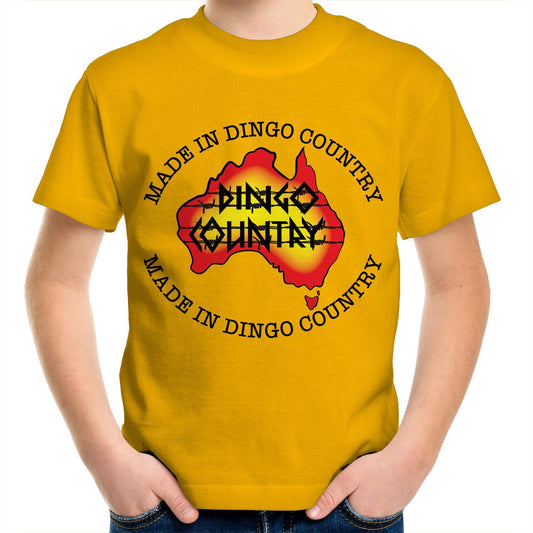 Child's gold crew-neck t-shirt with 'Made in Dingo Country' Australia map design, available in 10 vibrant colors for a fun Australian-themed style.