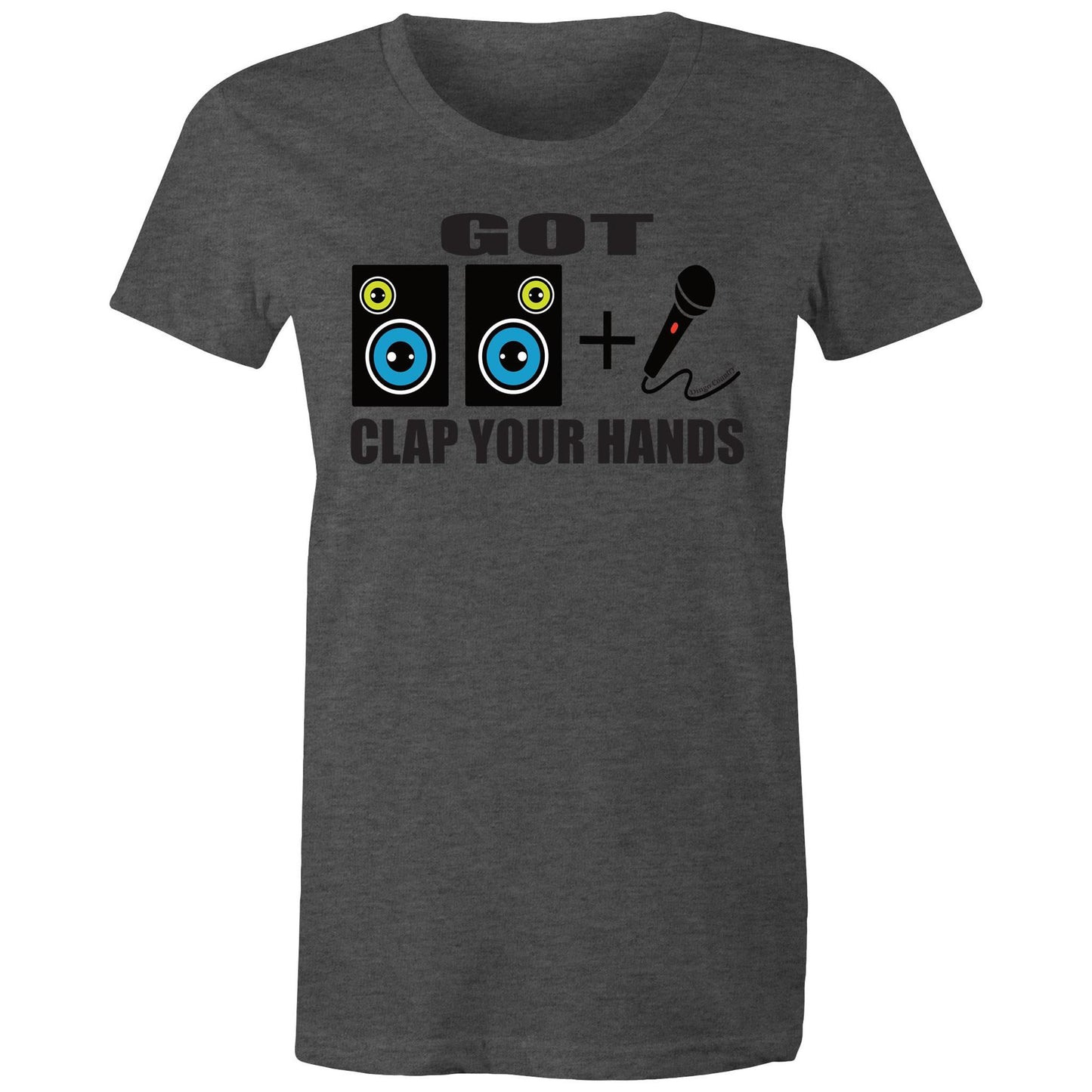 Women's asphalt marle maple tee with 'GOT two speakers icon + Mic' icon and 'CLAP YOUR HANDS' text on the front, reflecting Beck's song lyrics