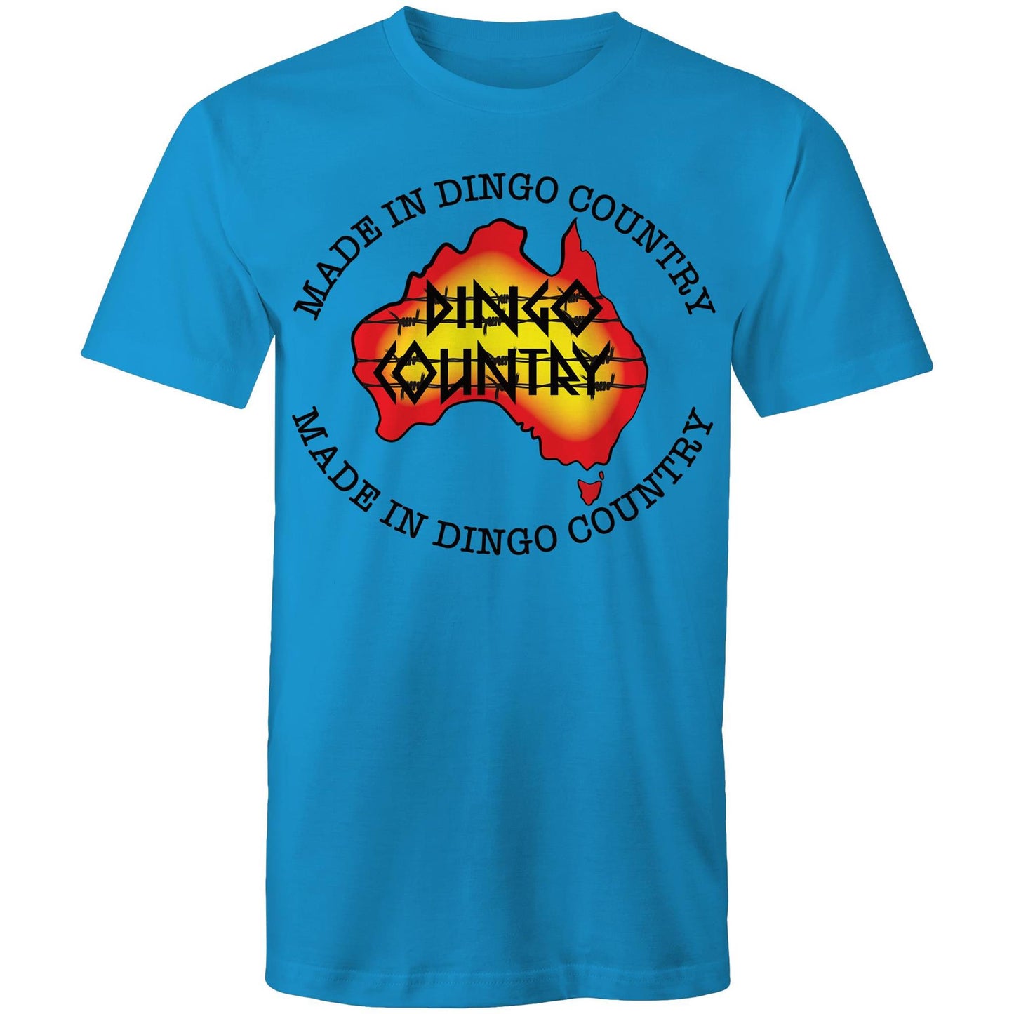 Men's arctic blue T-shirt highlighting a map of Australia with a 'Made in Dingo Country' motif, combining national pride and a sunburnt colour palette.