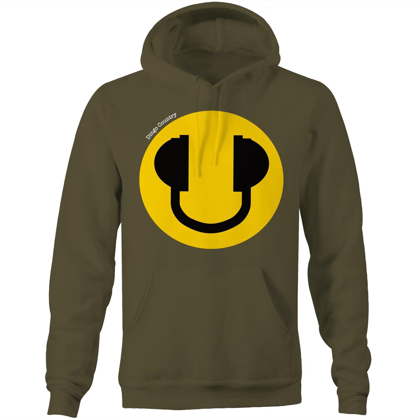 Army green hoodie featuring a large yellow smiley face with headphone accents, embodying a fun and music-filled lifestyle, from Dingo Country.