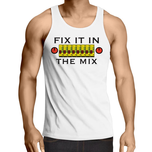 Men's white singlet top with 'Fix It In The Mix' mixer design - Dingo Country."