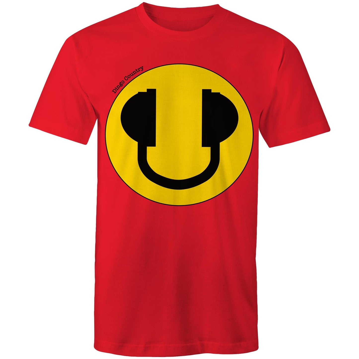 Men's red T-Shirt featuring a large smiley face with headphone design, available in 13 colors, showcasing a playful and music-inspired style from Dingo Country.