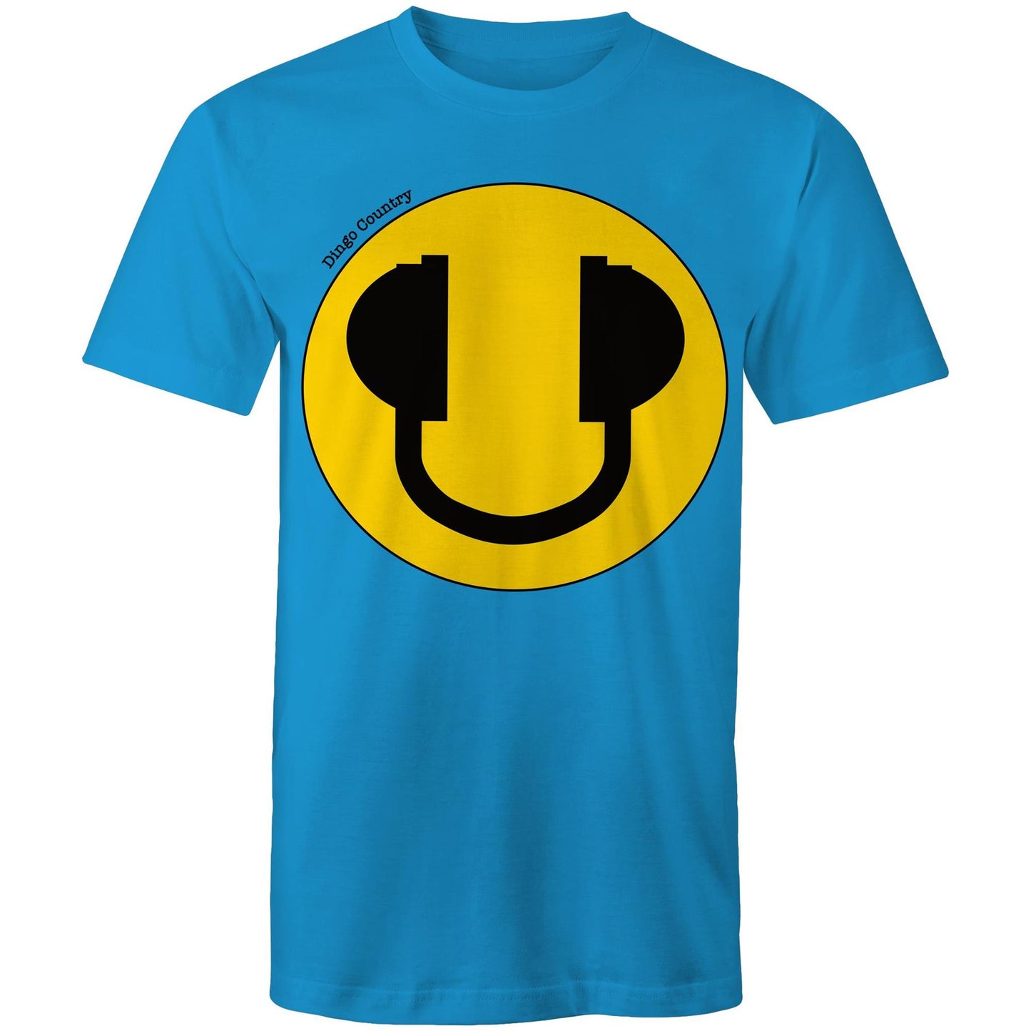 Men's arctic blue T-Shirt featuring a large smiley face with headphone design, available in 13 colors, showcasing a playful and music-inspired style from Dingo Country.