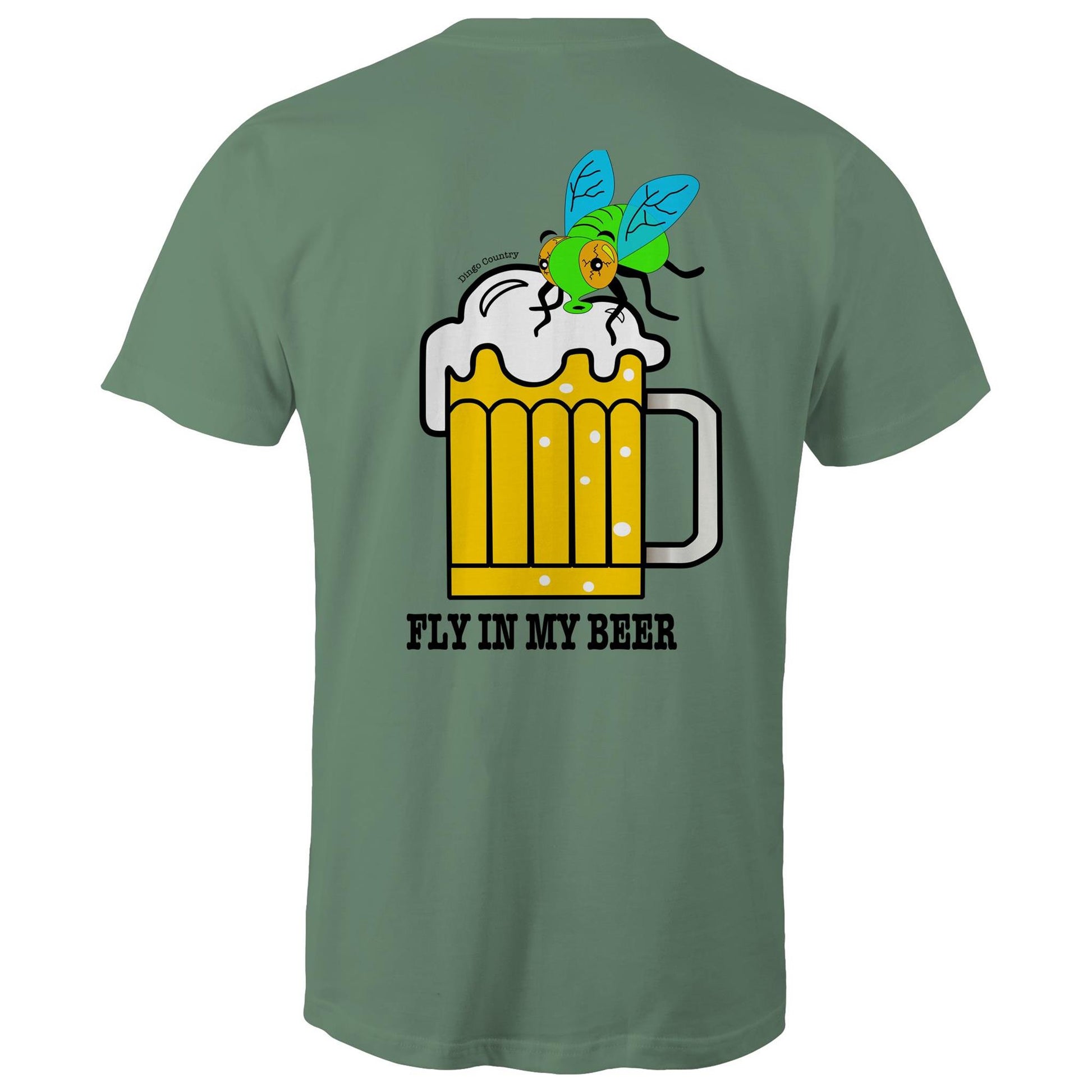 Back view of 'Fly in My Beer' Men's T-Shirt by Dingo Country in sage – showcasing a playful graphic of a beer mug with a fly on top and the witty phrase 'Fly in My Beer' in bold letters, symbolising the Aussie outdoor drinking experience.