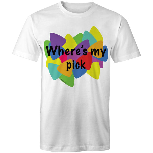 "Where's My Pick" graphic men's t-shirt in white, with a vibrant, multicolor guitar pick pattern and playful text, front view on a plain background, captures the spirit of Dingo Country's Muso Collection.