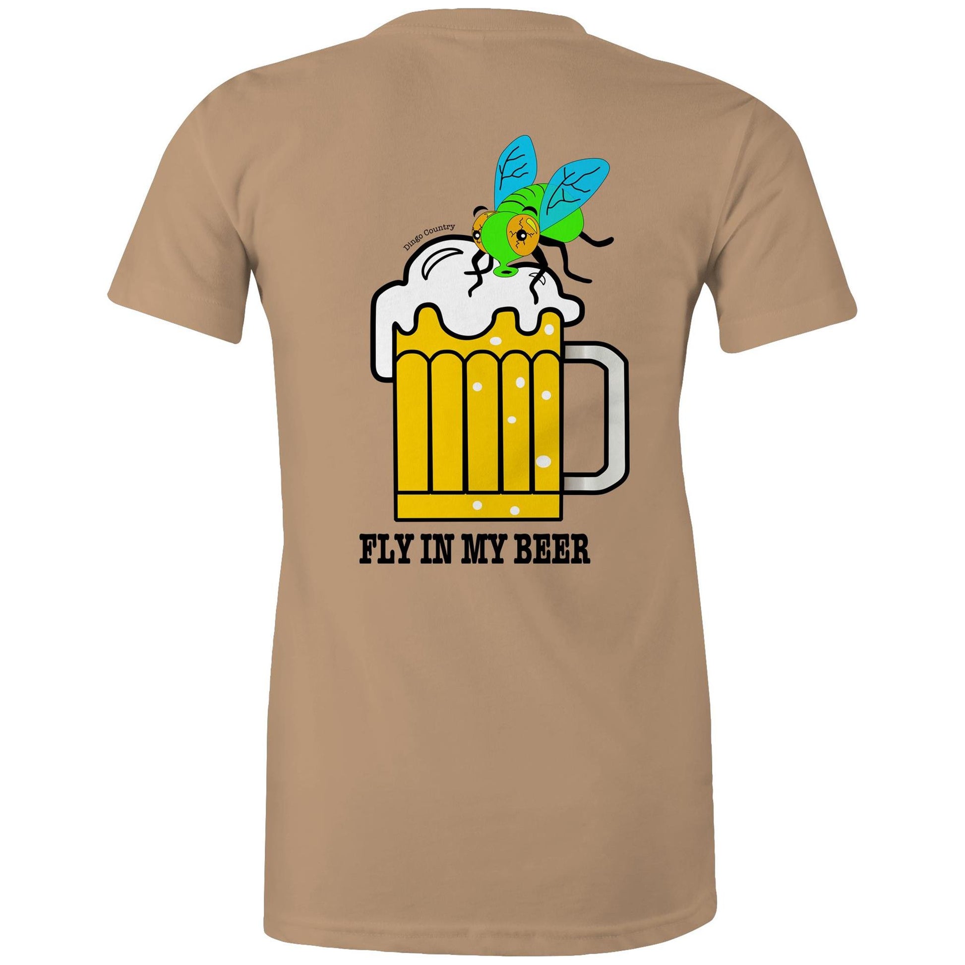 Back view of the tan 'Fly in My Beer' T-shirt featuring a humorous print with a cartoon fly in a frothy beer mug and the playful text below