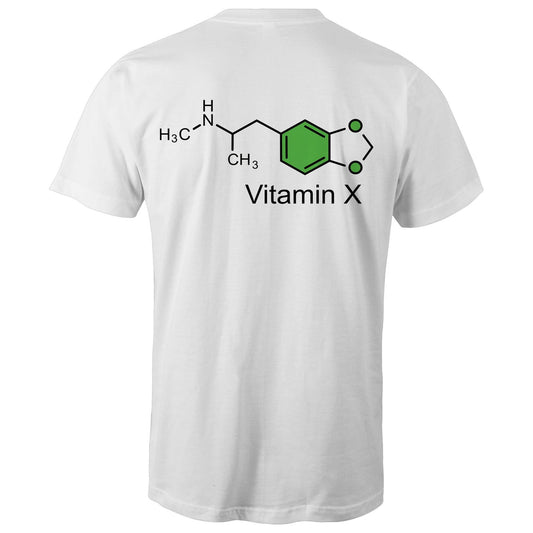 Back of the white t-shirt displaying the green and black MDMA molecular structure with 'Vitamin X' text, celebrating scientific curiosity.