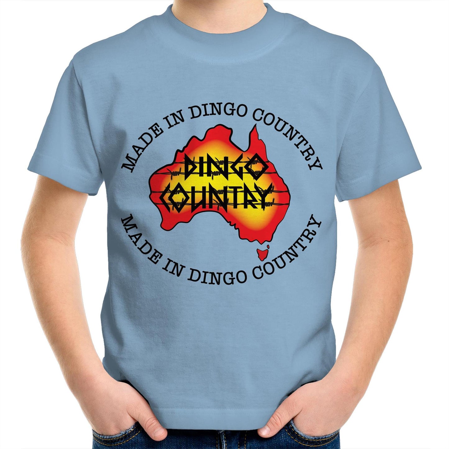 Child's Carolina blue crew-neck t-shirt with 'Made in Dingo Country' Australia map design, available in 10 vibrant colors for a fun Australian-themed style.