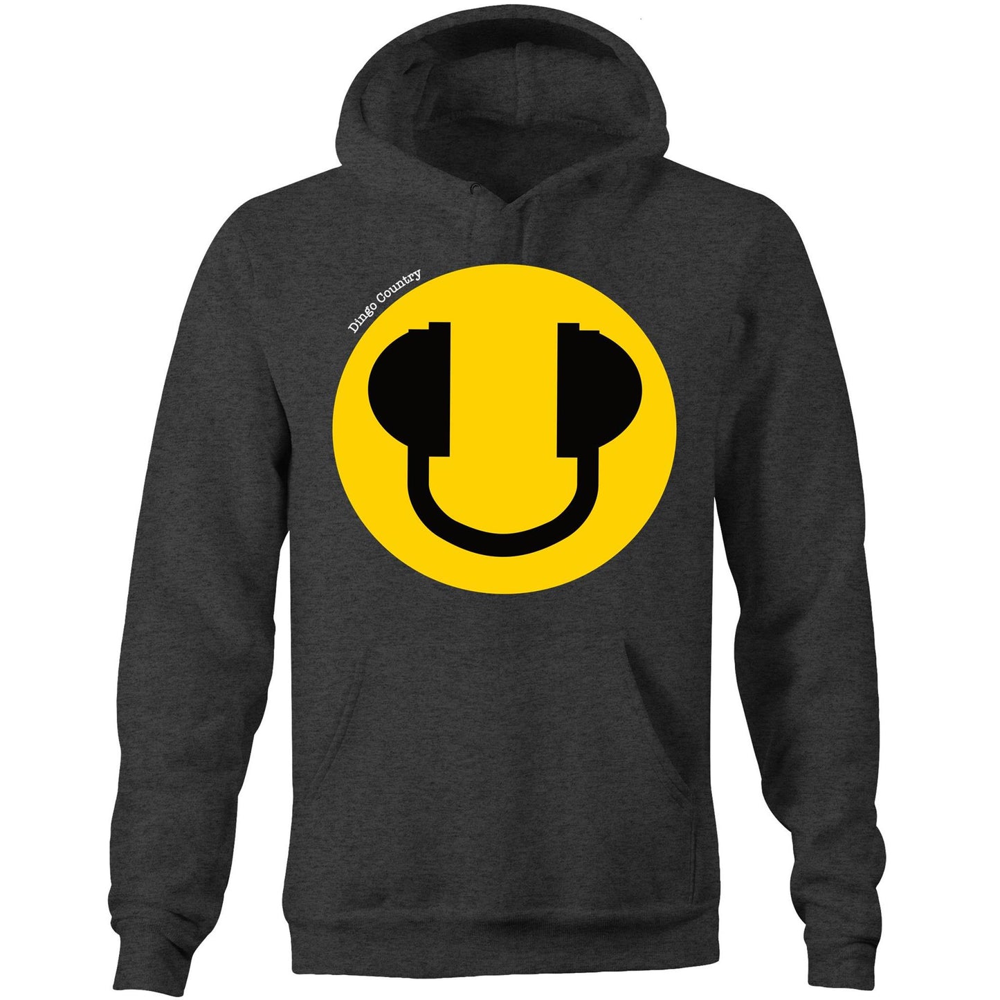 Asphalt hoodie featuring a large yellow smiley face with headphone accents, embodying a fun and music-filled lifestyle, from Dingo Country.