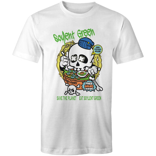 White men's T-shirt with a colourful 'Soylent Green' graphic, showcasing a skull eating cereal and a 'Save the Planet, Eat Soylent Green' message.