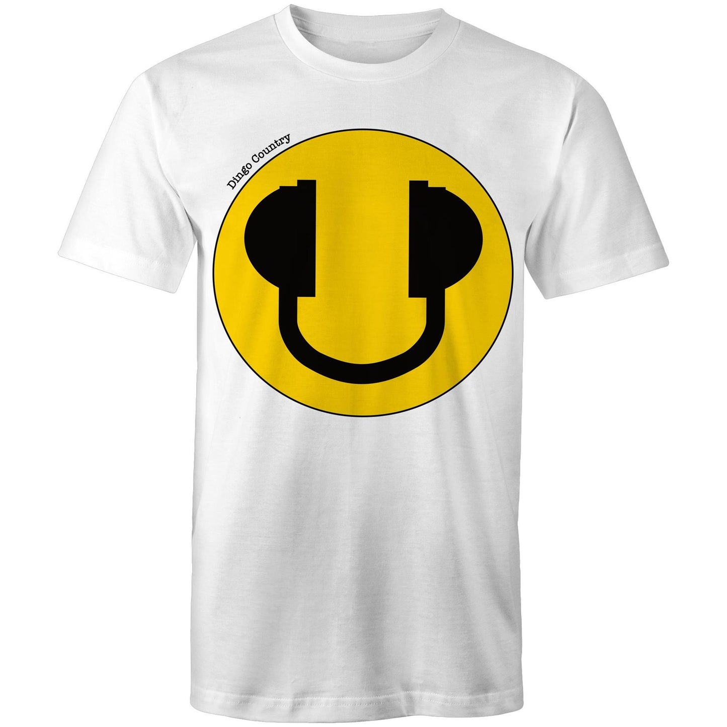 Men's white T-Shirt featuring a large smiley face with headphone design, available in 13 colors, showcasing a playful and music-inspired style from Dingo Country.