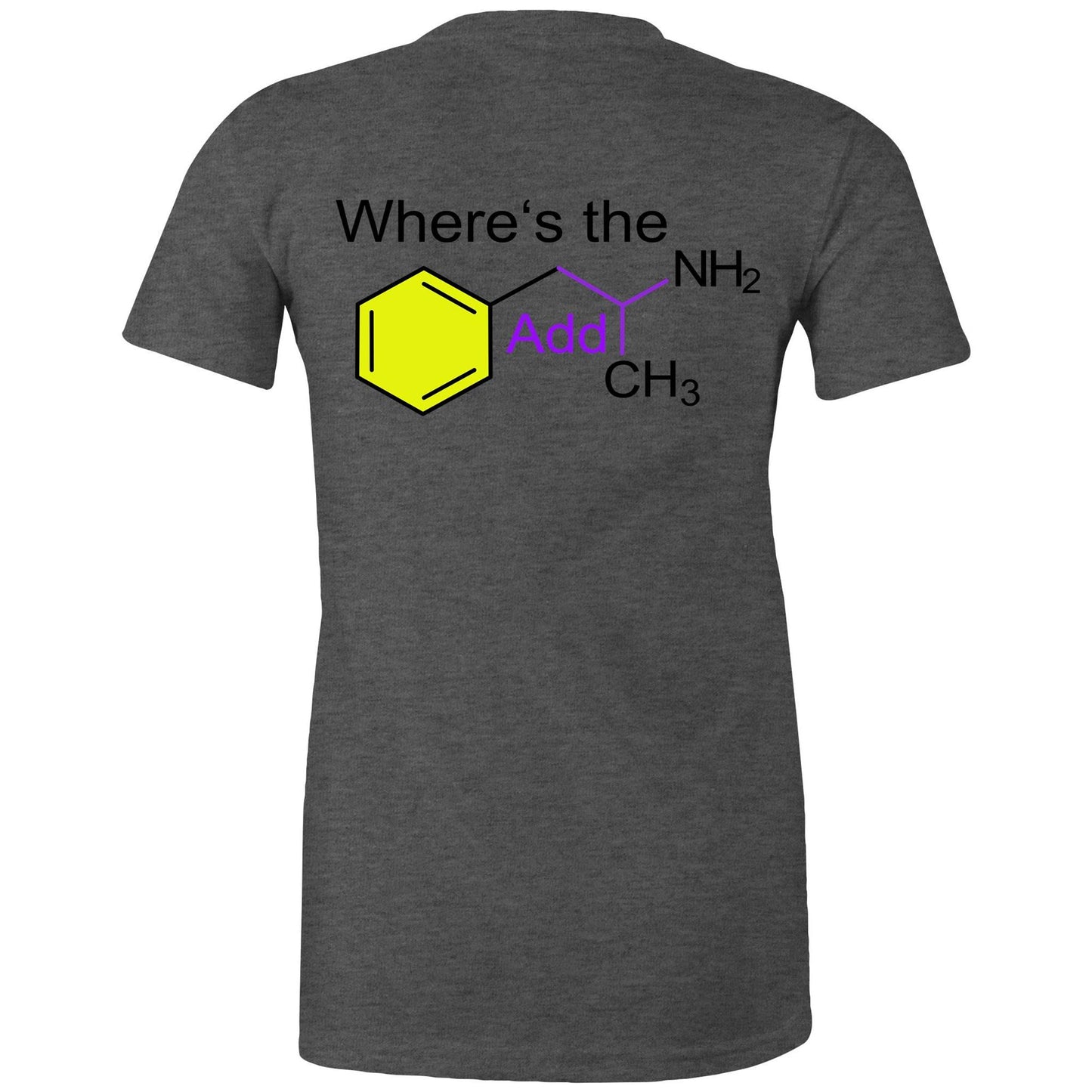 Back view asphalt women's t-shirt showing a playful twist on chemistry with 'Where’s the Addy' integrated within a colourful molecular structure design.