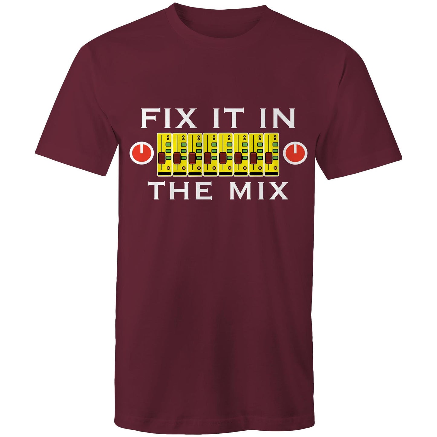 Men's burgundy t-shirt with 'Fix It In The Mix' music mixer design