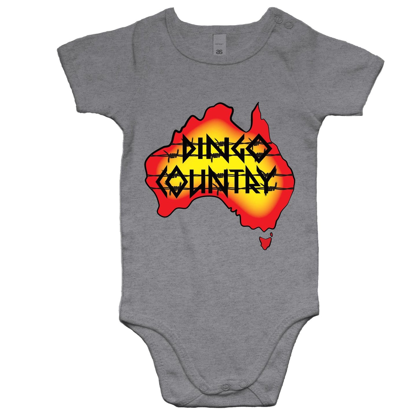 Australian map and Dingo Country logo on Grey baby onesie